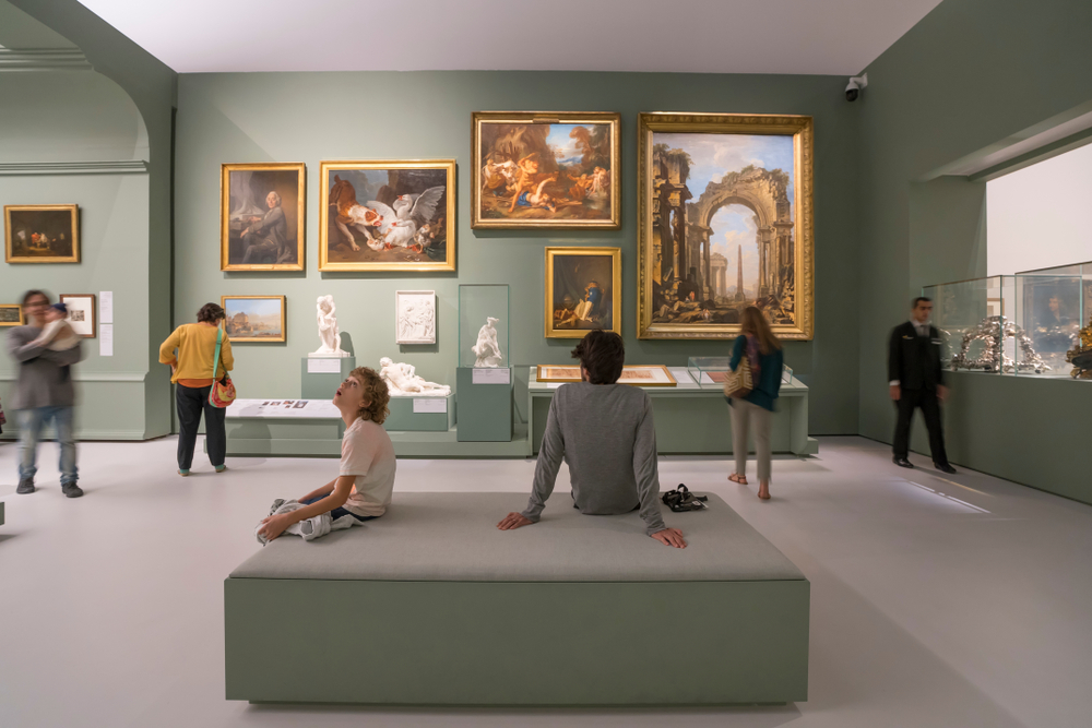 People looking at exhibits in the new Louvre Museum in Abu Dhabi