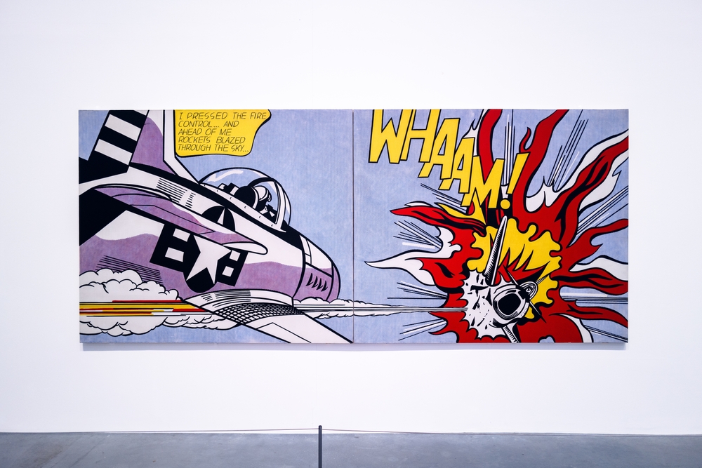 Tate Modern art gallery museum, Roy Lichtenstein WHAM, famous pop art painting of aeroplane and explosion on gallery wall with concrete floor