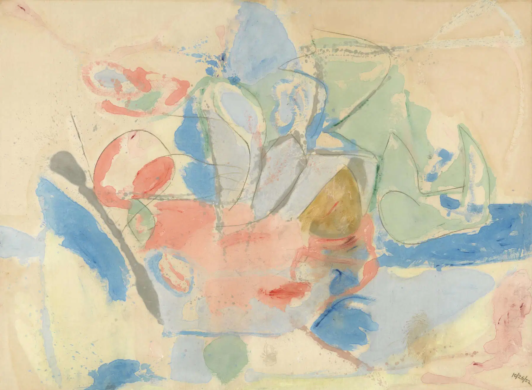Helen Frankenthaler, Mountains and Sea (1952; oil and charcoal on canvas, 219.4 × 297.8 cm), in the collection of the Helen Frankenthaler Foundation, New York, on long-term loan to the National Gallery of Art, Washington, D.C.